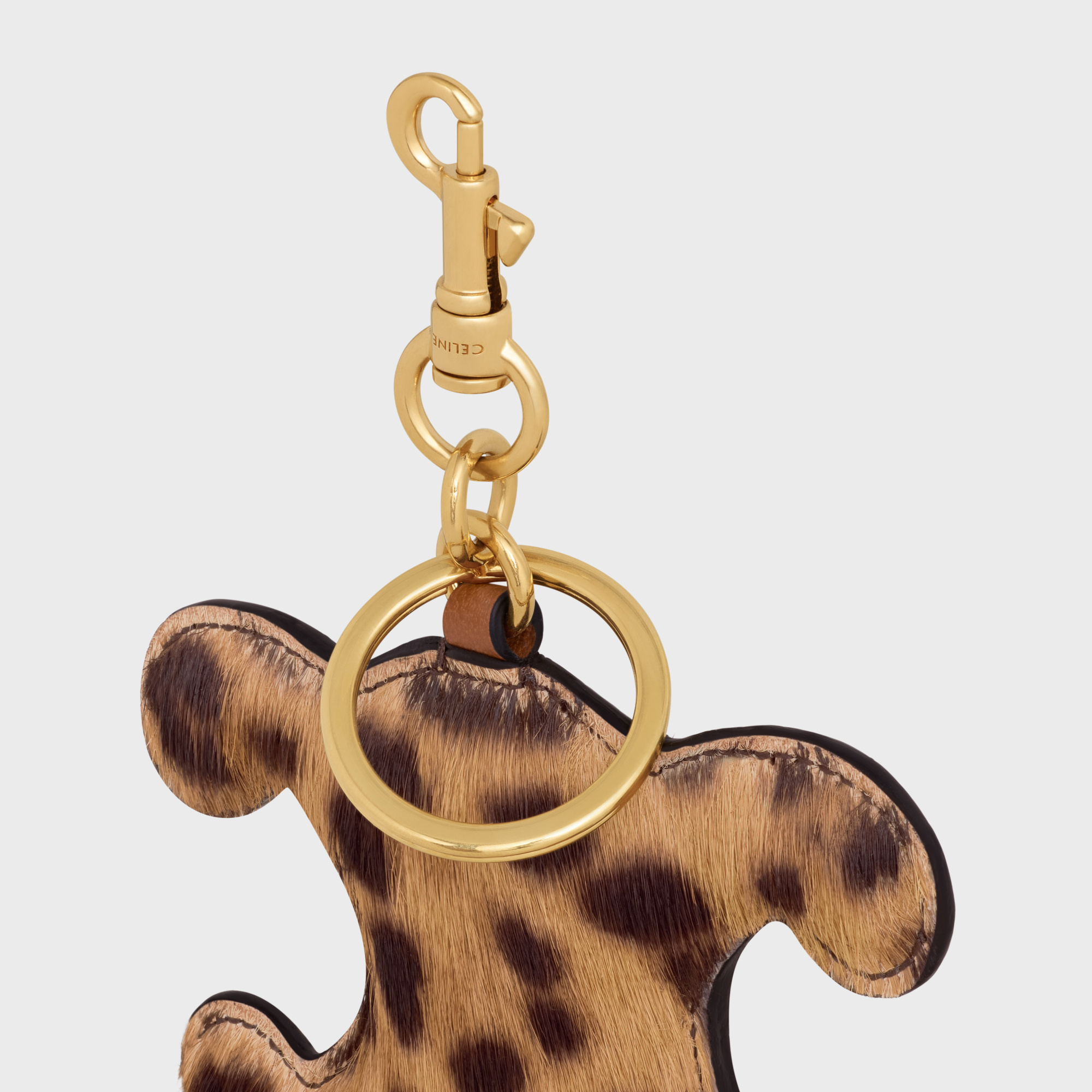 Shop Celine Triomphe Pom-pom Keyring In Pony With Leopard Print And Calfskin In Brown