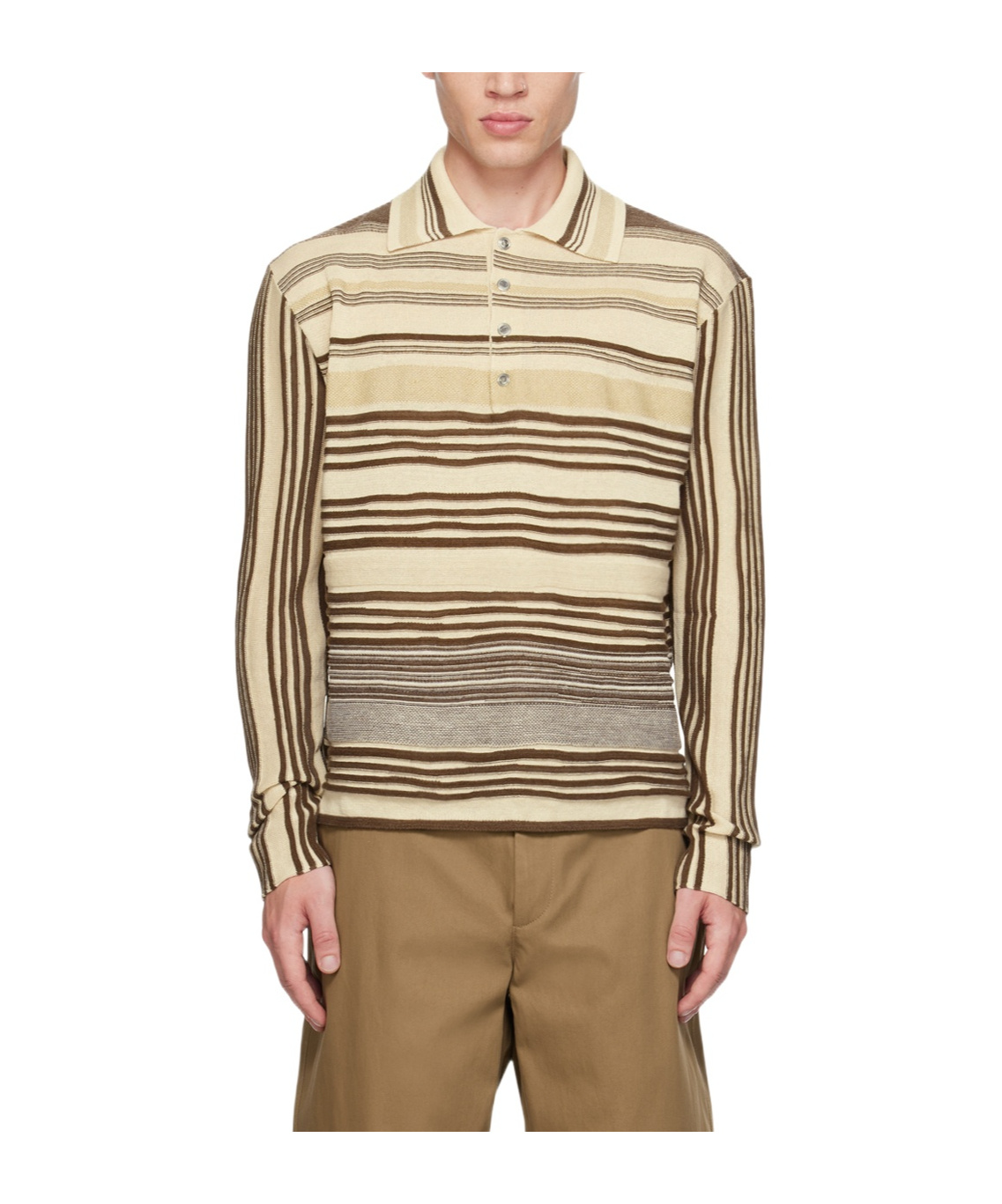 Bottega Veneta Striped Long-sleeved Polo Shirt In Nude