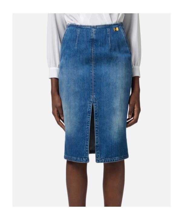 Elisabetta Franchi Denim Midi Skirt Front Split Detail In Blue