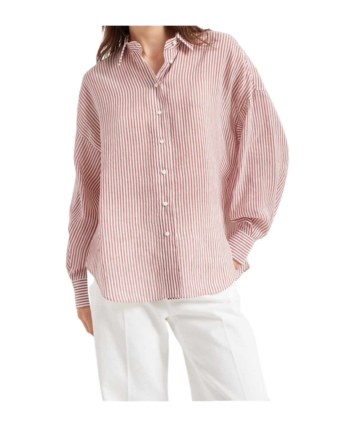 Brunello Cucinelli Bordeaux Stripe Linen-cotton Blend Shirt In Bordeaux