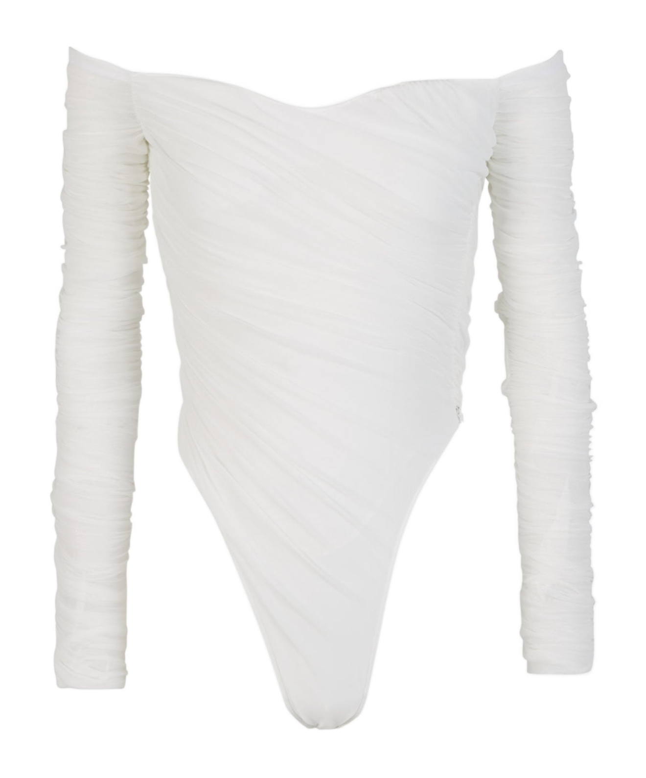 Mugler Off-shoulder Ruched Mesh Bodysuit In White