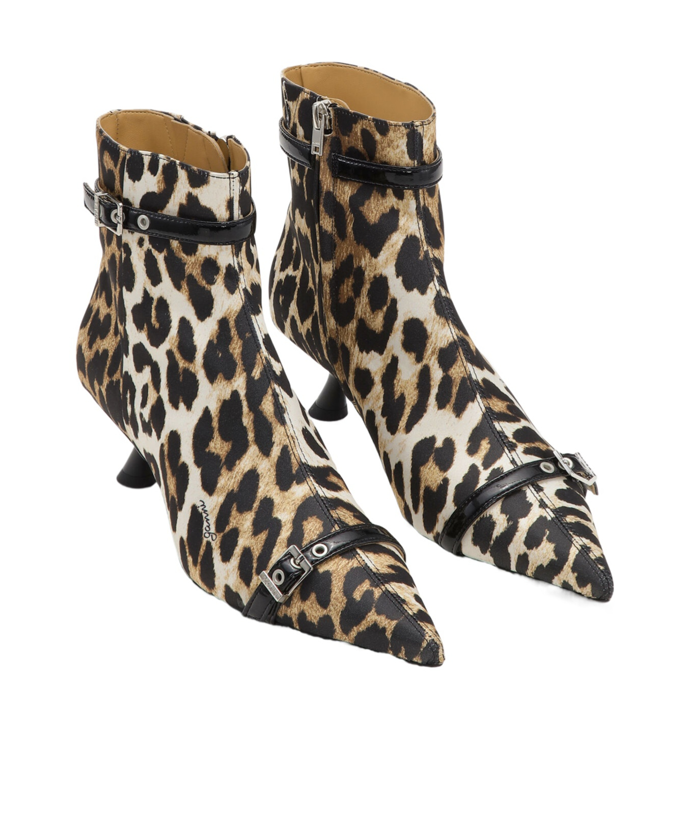 Shop Ganni Leopard Satin Eyelets Kitten Heel Boots In Black