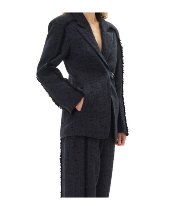 Ganni Tweed Single-breasted Blazer In Black