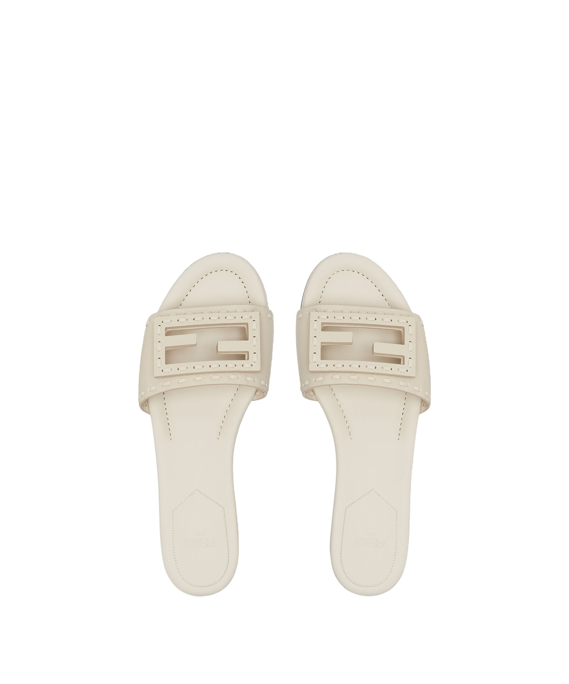 Fendi Baguette Ff Leather Buckle Flat Slide Sandals In White