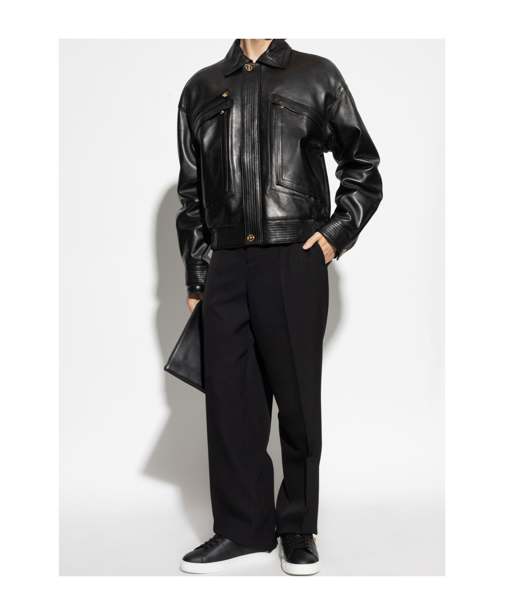 Versace Long Sleeve Leather Jacket In Black