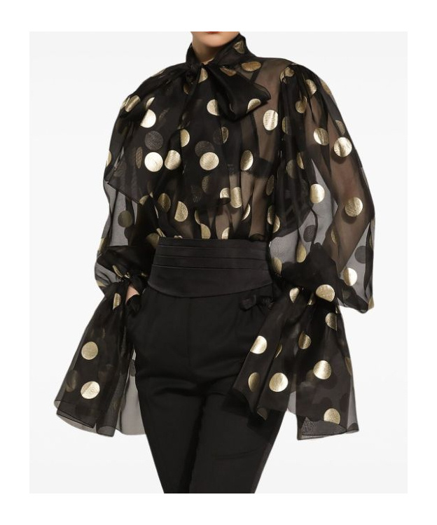 Dolce & Gabbana Silk Organza Lamé Polka Dot Blouse In Black
