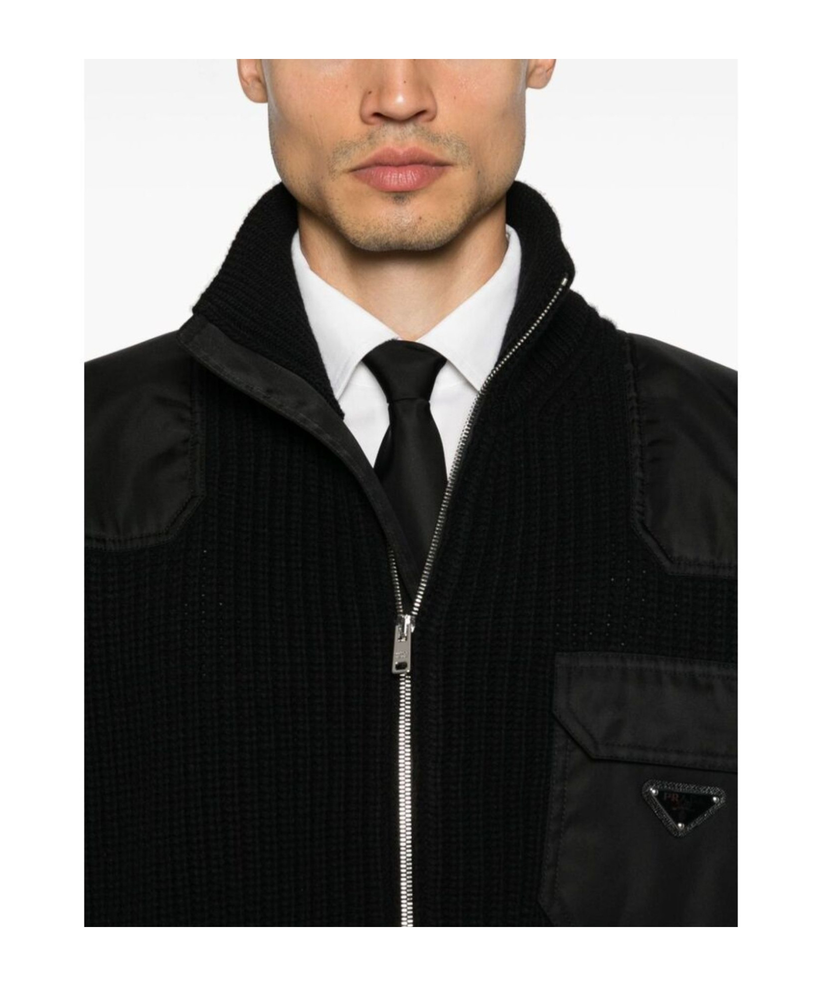 Prada Enamel-triangle Zip-up Jacket In Black