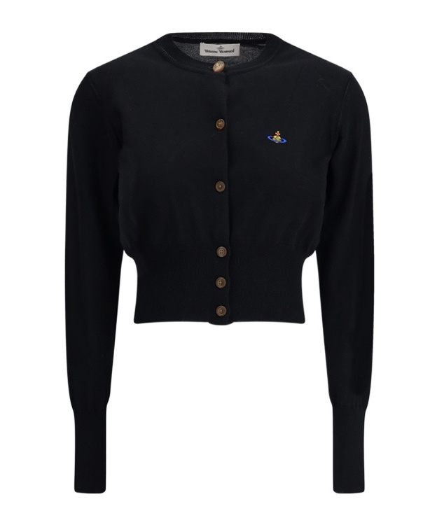 Vivienne Westwood Bea Black Cropped Cardigan With Round Neck And Front Orb Embroidery In Cotton Woman In Black
