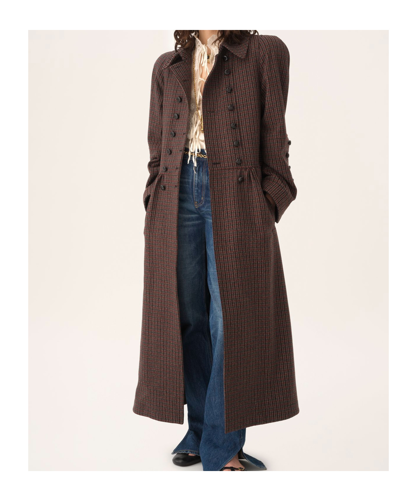 Chloé Chloe Houndstooth Double-breasted Belted Wool Coat In Brown