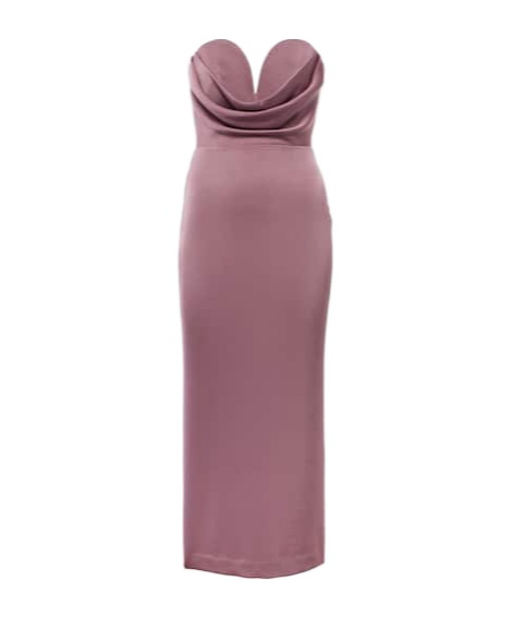 Alex Perry Gathered Strapless Satin Midi Dress In Purple