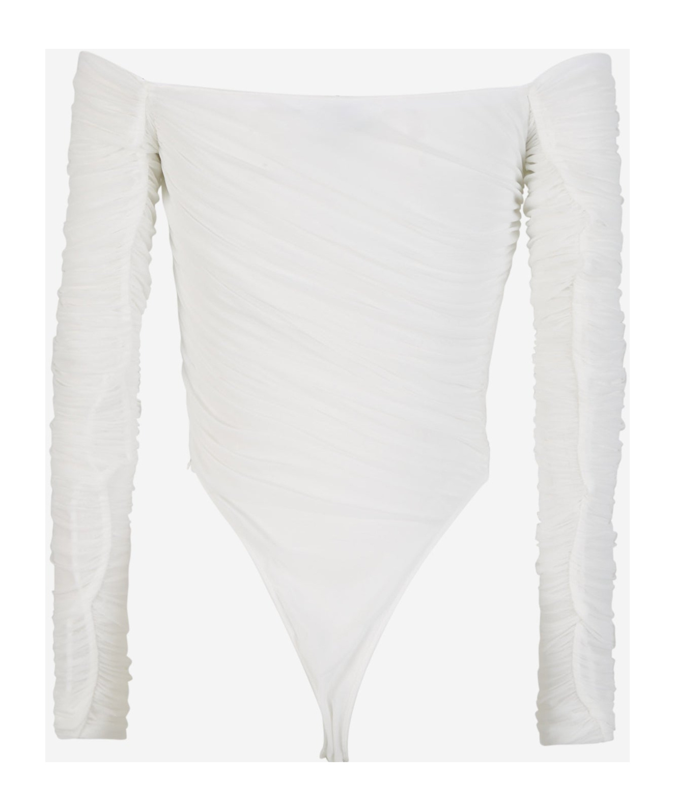 Mugler Off-shoulder Ruched Mesh Bodysuit In White