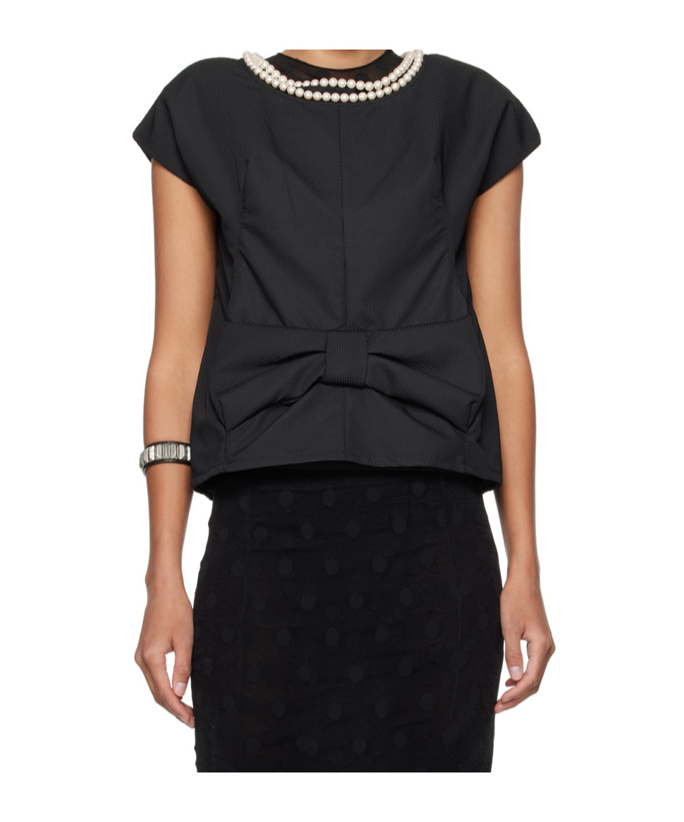 Junya Watanabe Draped Back Top With Bow And Pearls In Black