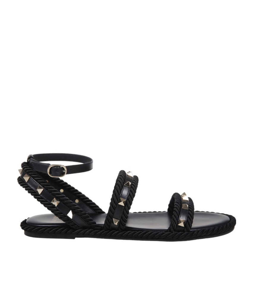 Valentino Round-headed Flat Sandals In Black