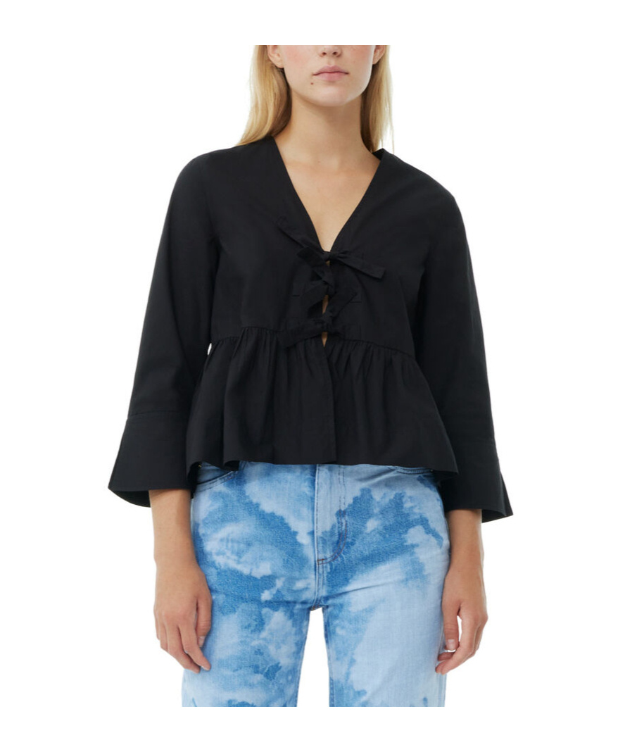 Ganni Long Sleeve Cotton Poplin Tie String Peplum Blouse In Black
