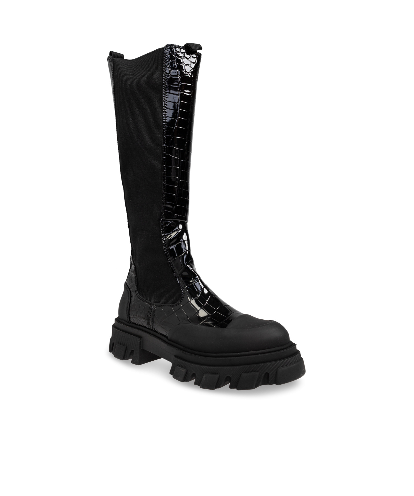 Ganni 50mm Crocodile-embossed Knee-high Boots In Black