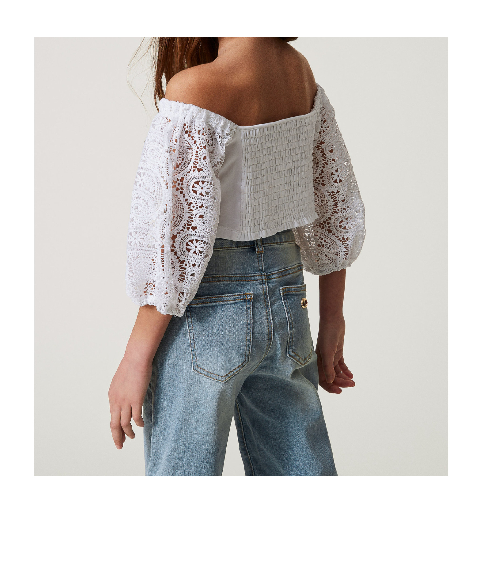 Twinset Top With Macramé Lace Balloon Sleeves In White