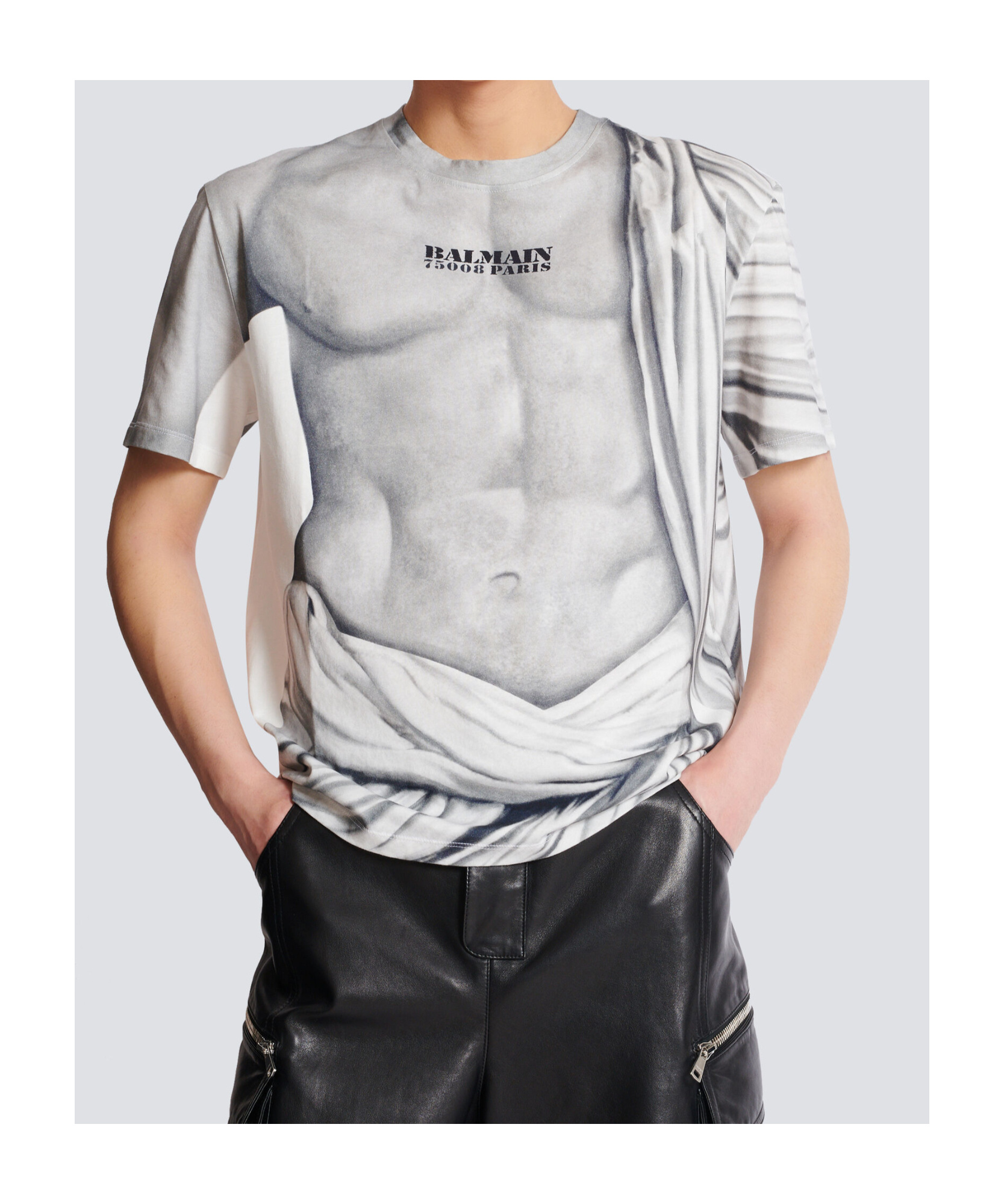 Balmain Front Graphic Round Neck T-shirt In Gray