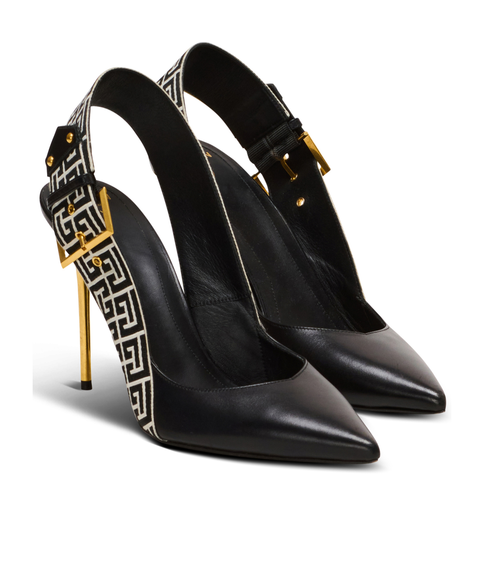 Balmain Ruby Stiletto Slingbacks In Calfskin And Pb Labyrinth Canvas In Black