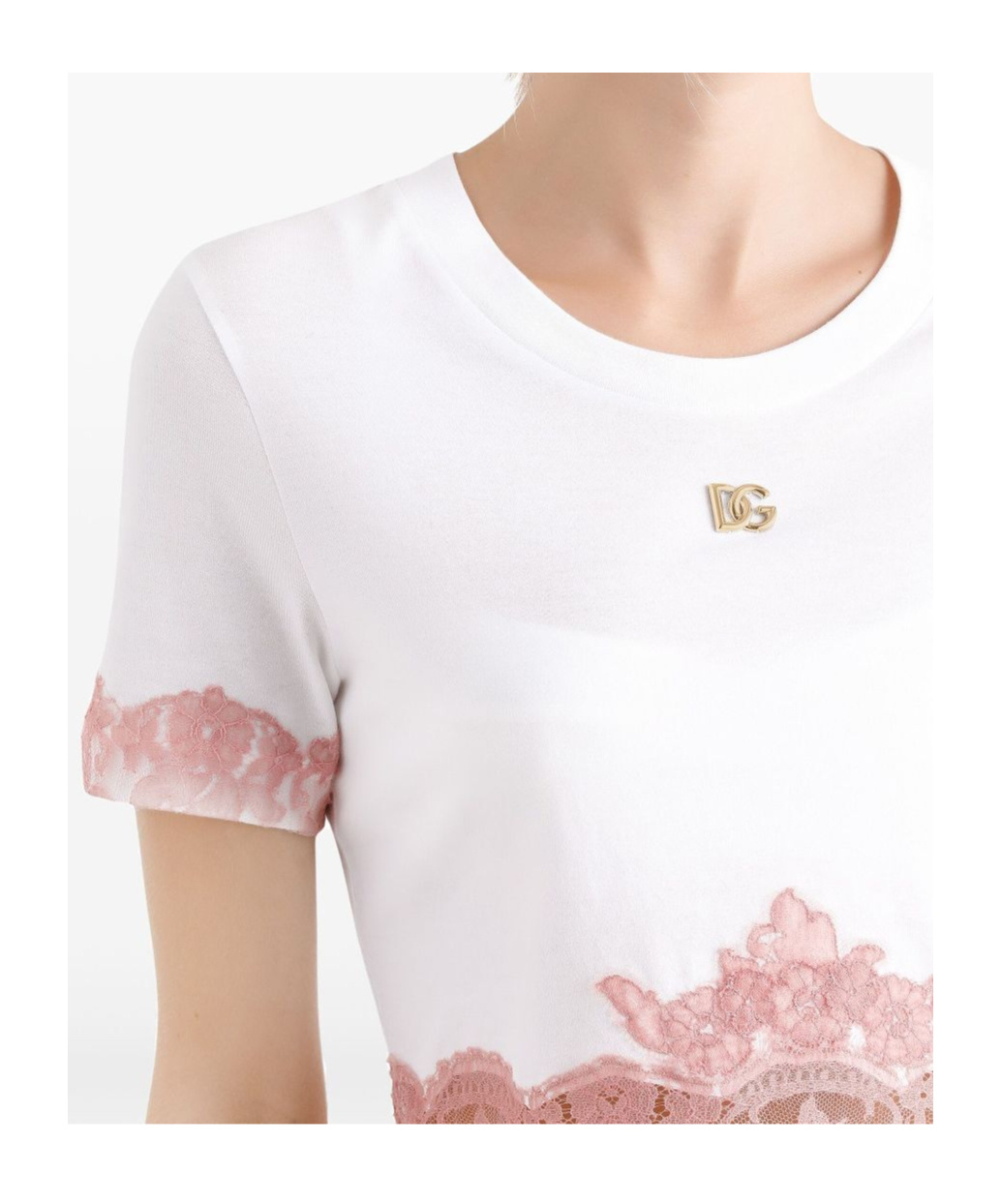 Dolce & Gabbana Cropped Jersey T-shirt With Dg Logo And Lace Inserts In White