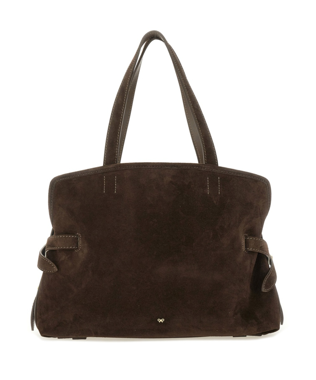Anya Hindmarch Suede Double Handle Shoulder Bag With Pocket In Black