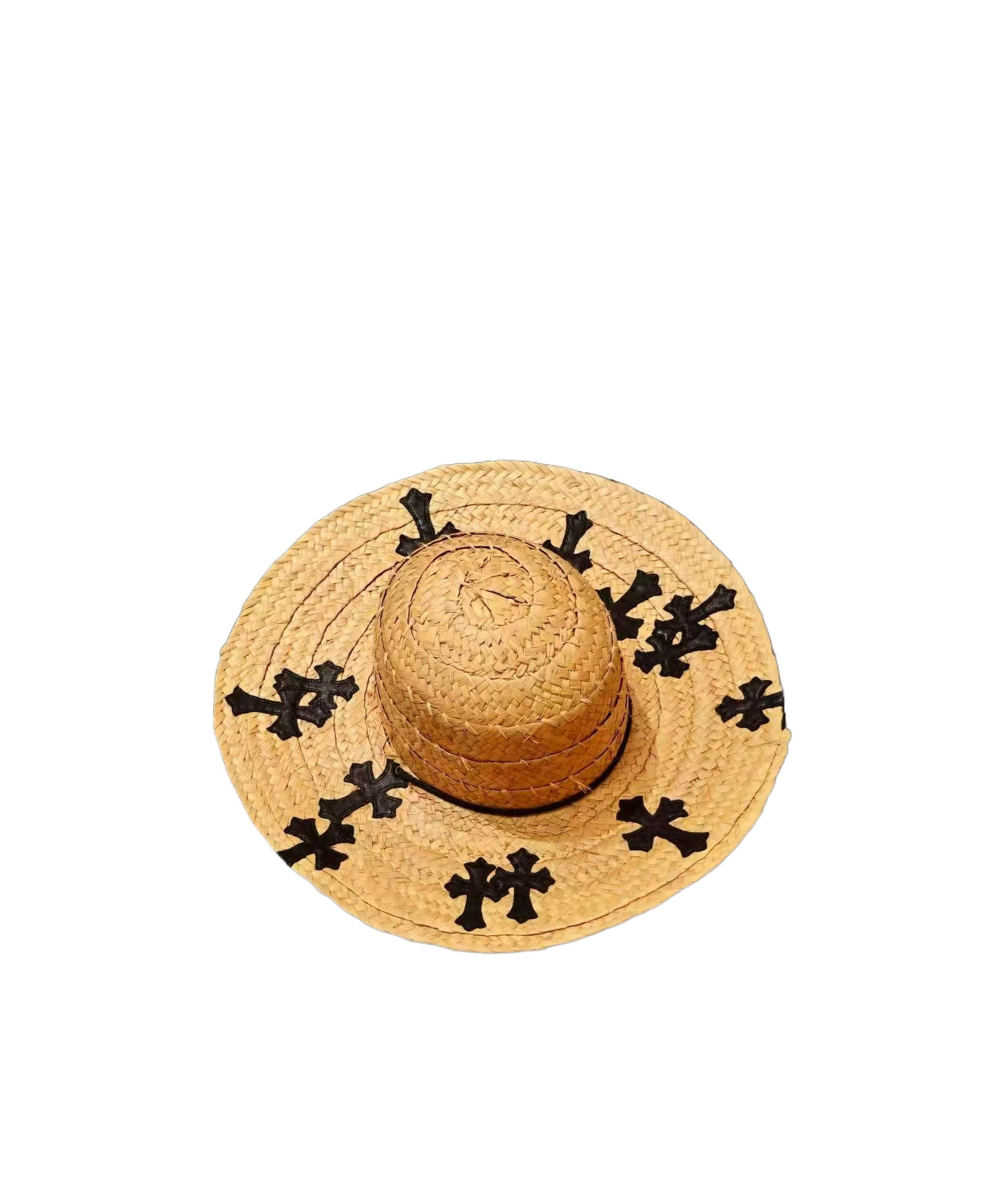 Chrome Hearts Leather Cross Straw Hat In Brown