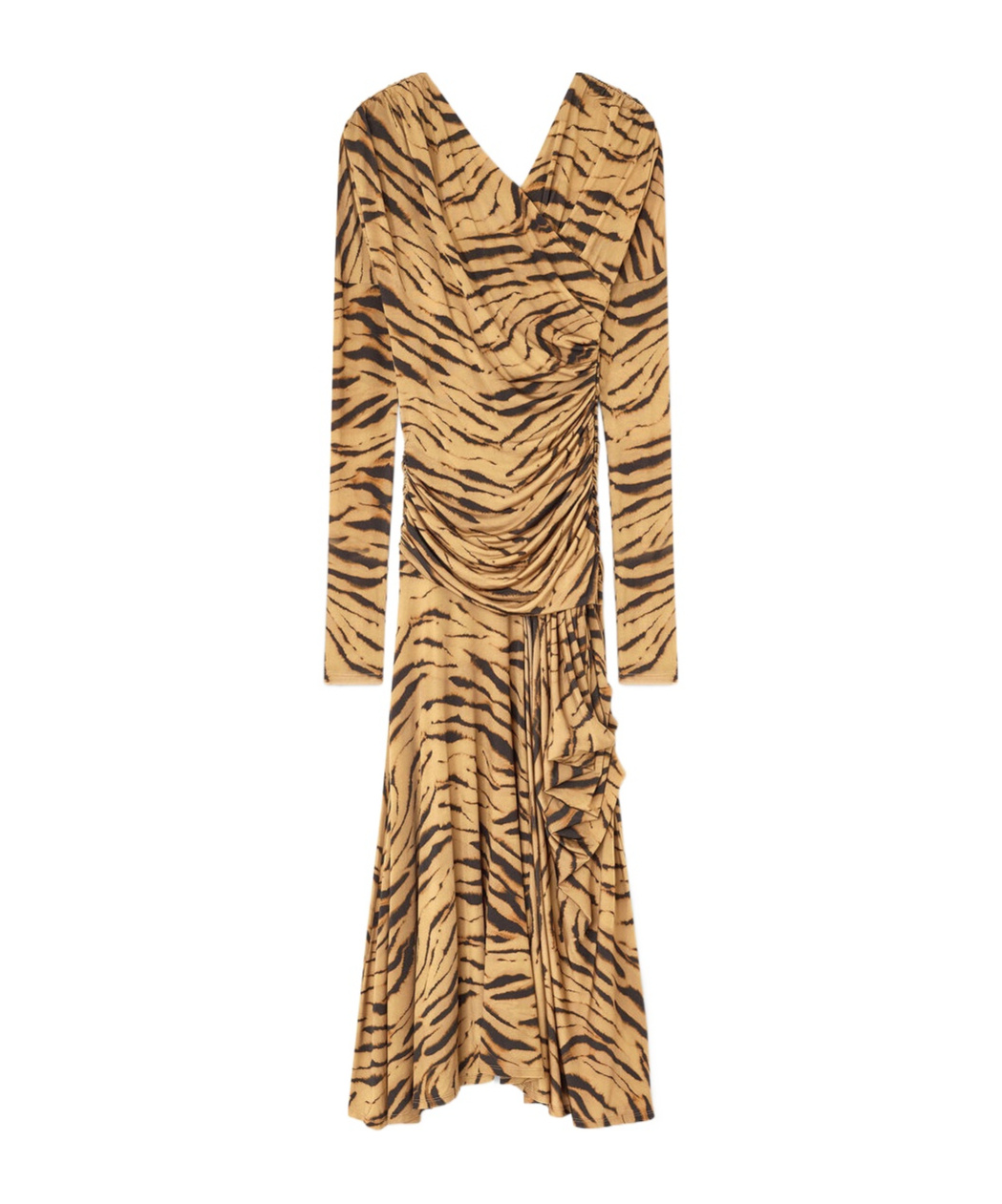 Ganni Asymmetric Draped Tiger-print Maxi Dress In Yellow