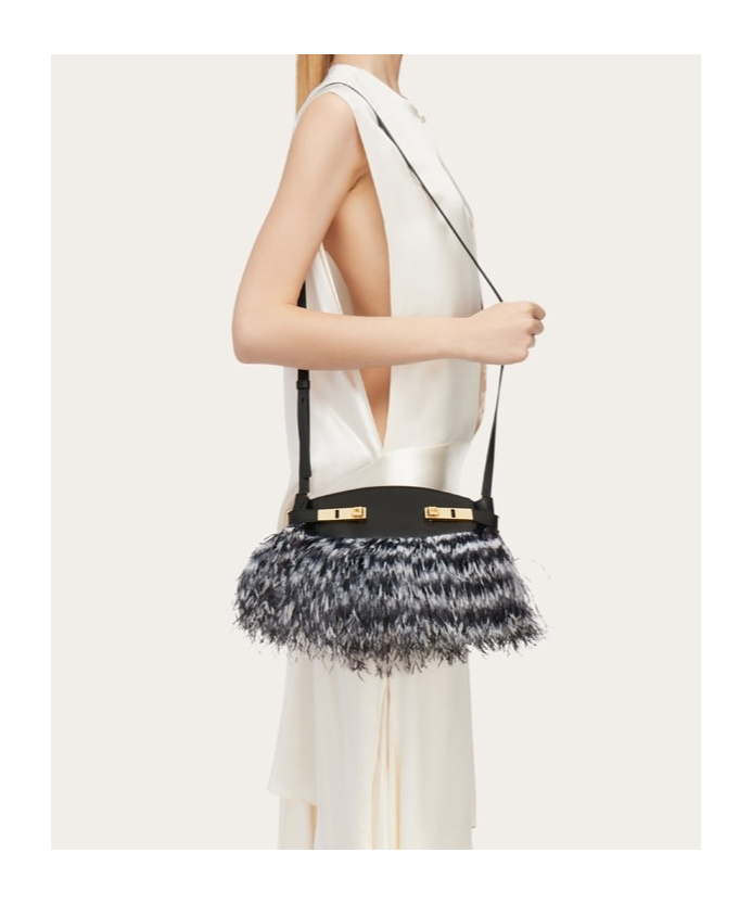 Ferragamo Hug Soft Crossbody Bag With Feathers In White/black