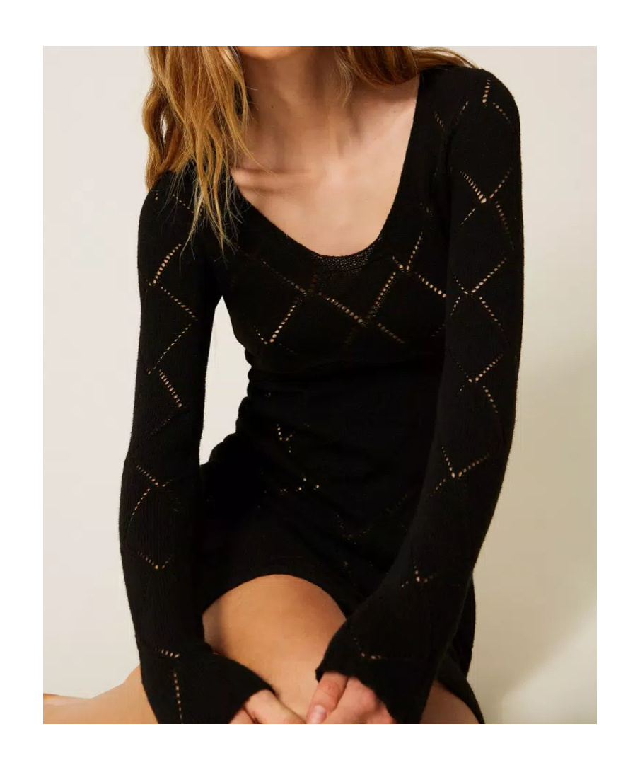 Twinset Diamond-pattern Long-sleeve Mini Dress In Black