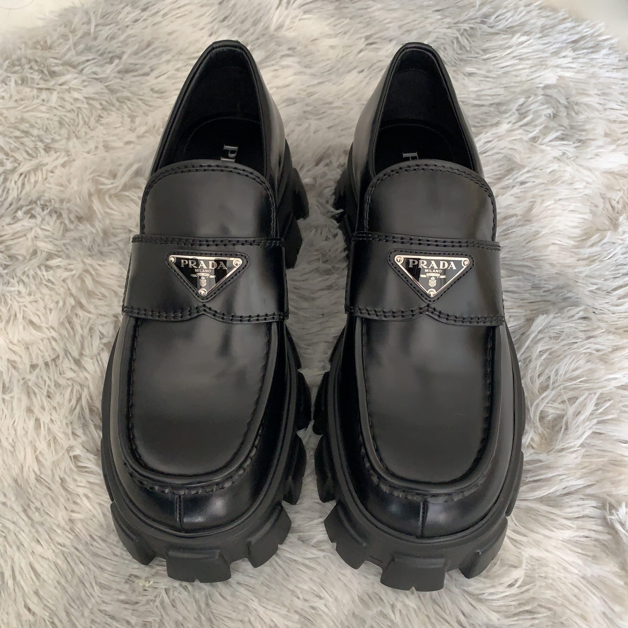 Prada Monolith Patent Leather Flatform Loafers In Black