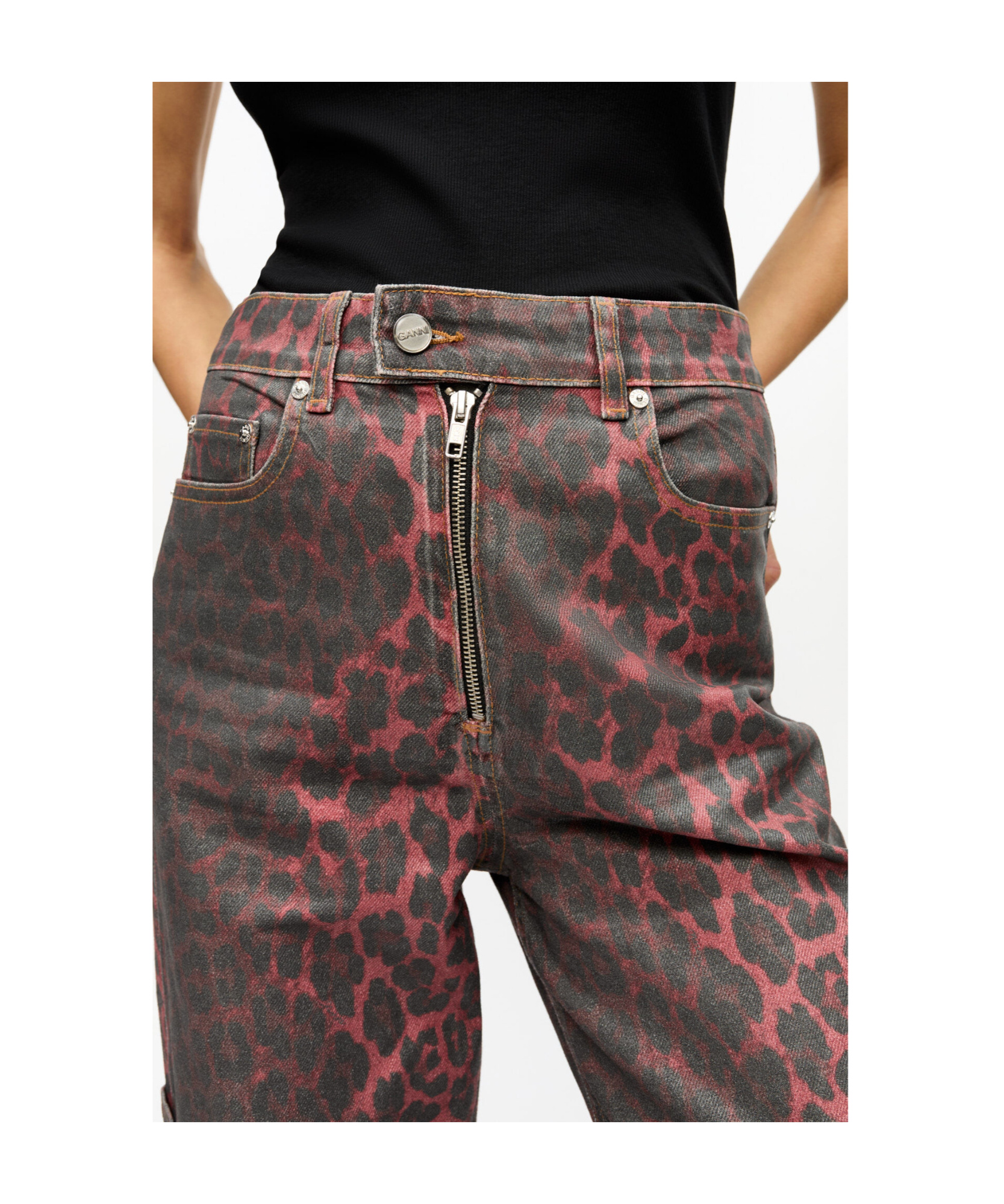 Ganni Red Foil Denim Andi Cargo Jeans In Racing Red
