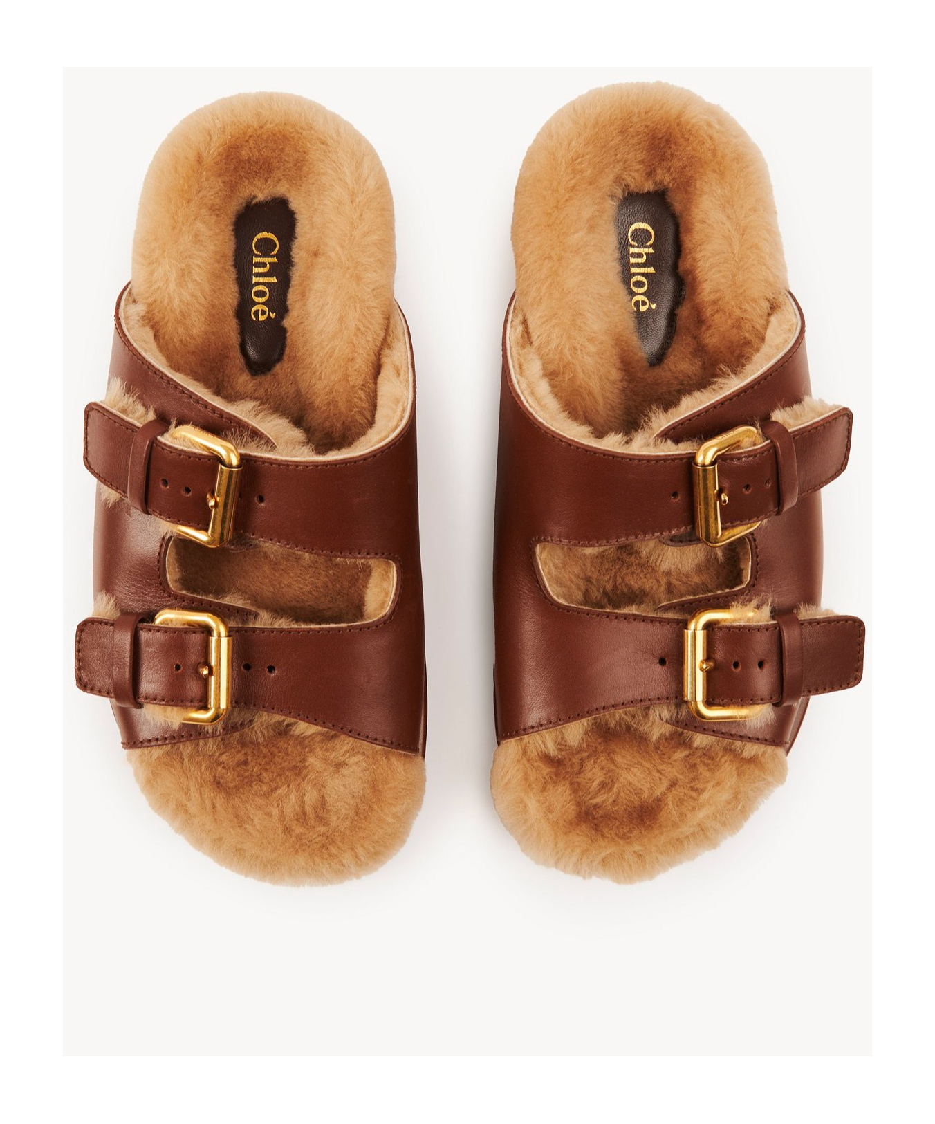 Chloé Nil Leather Shearling Dual-buckle Sandals In Brown