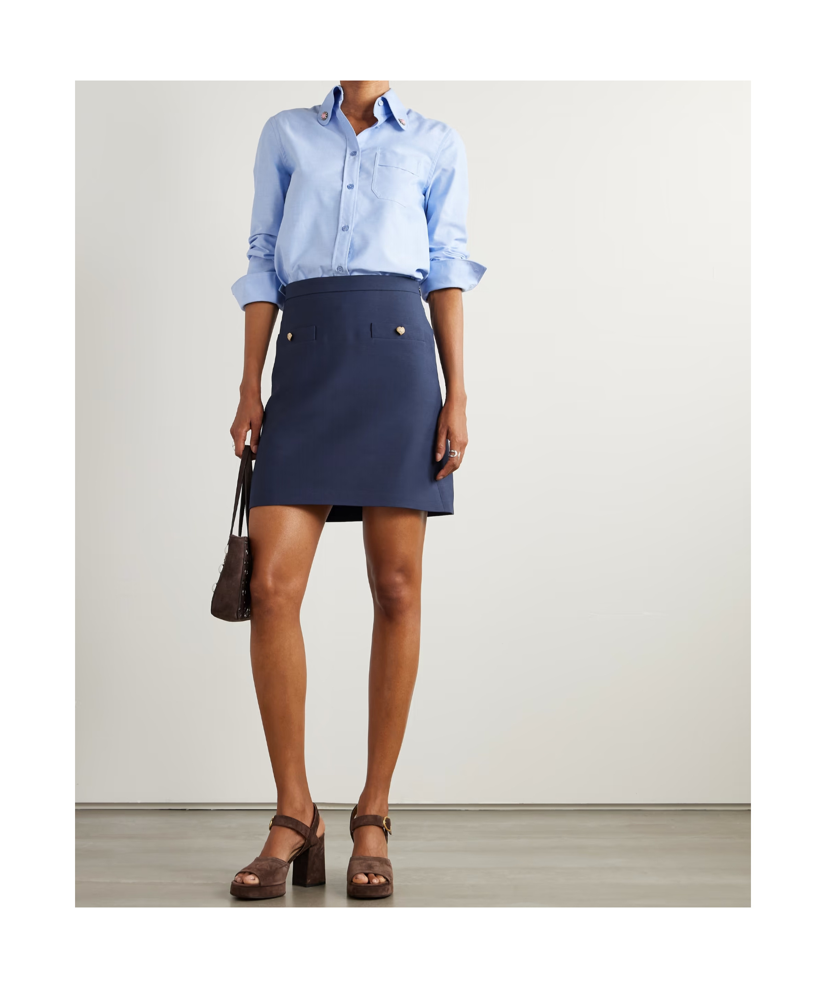 Valentino Button-embellished Wool And Silk-blend Mini Skirt In Blue