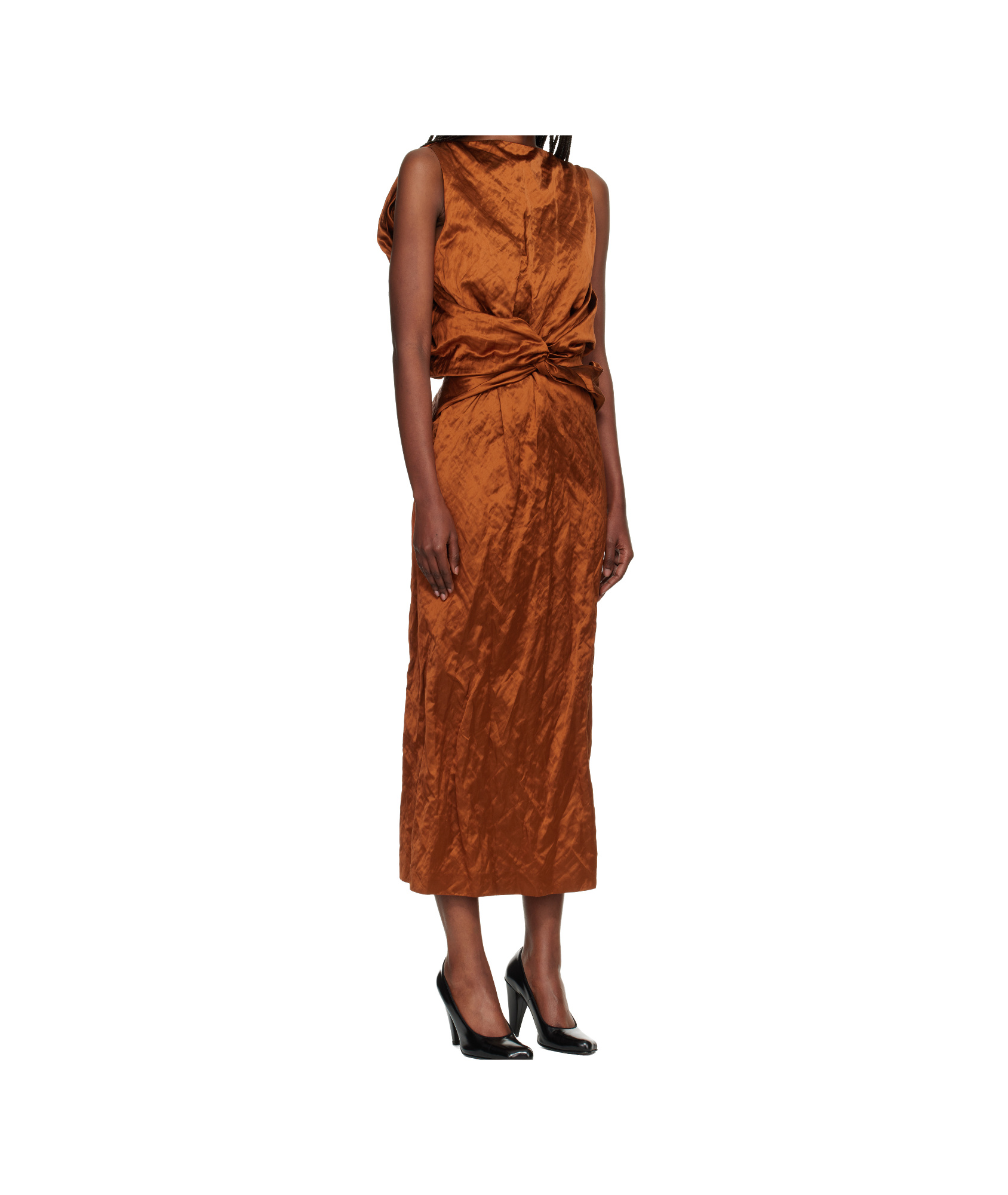 Lanvin Sleeveless Twisted Crinkle Satin Midi Dress In Brown