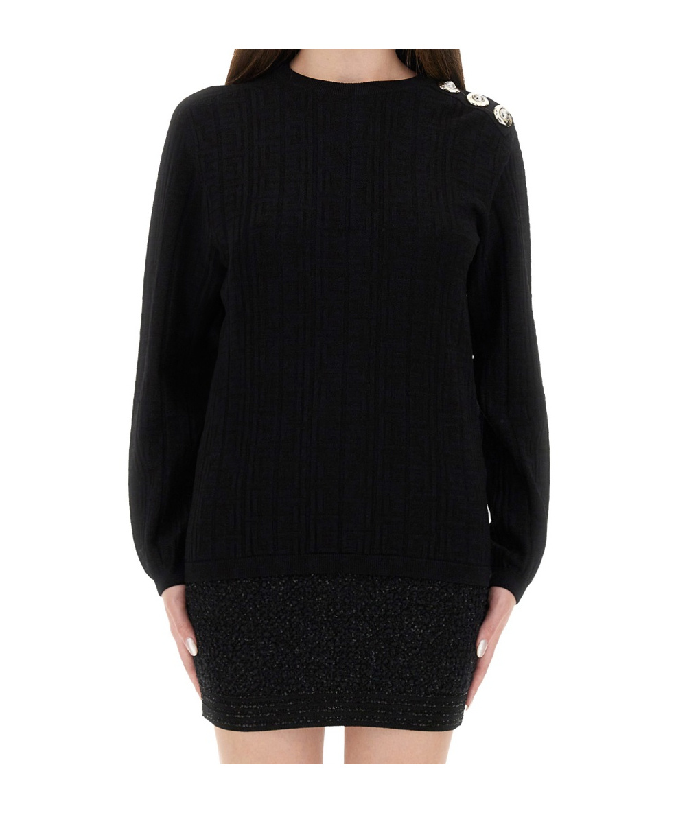 Balmain Ls 3 Btn Monogram Knit Top In Black