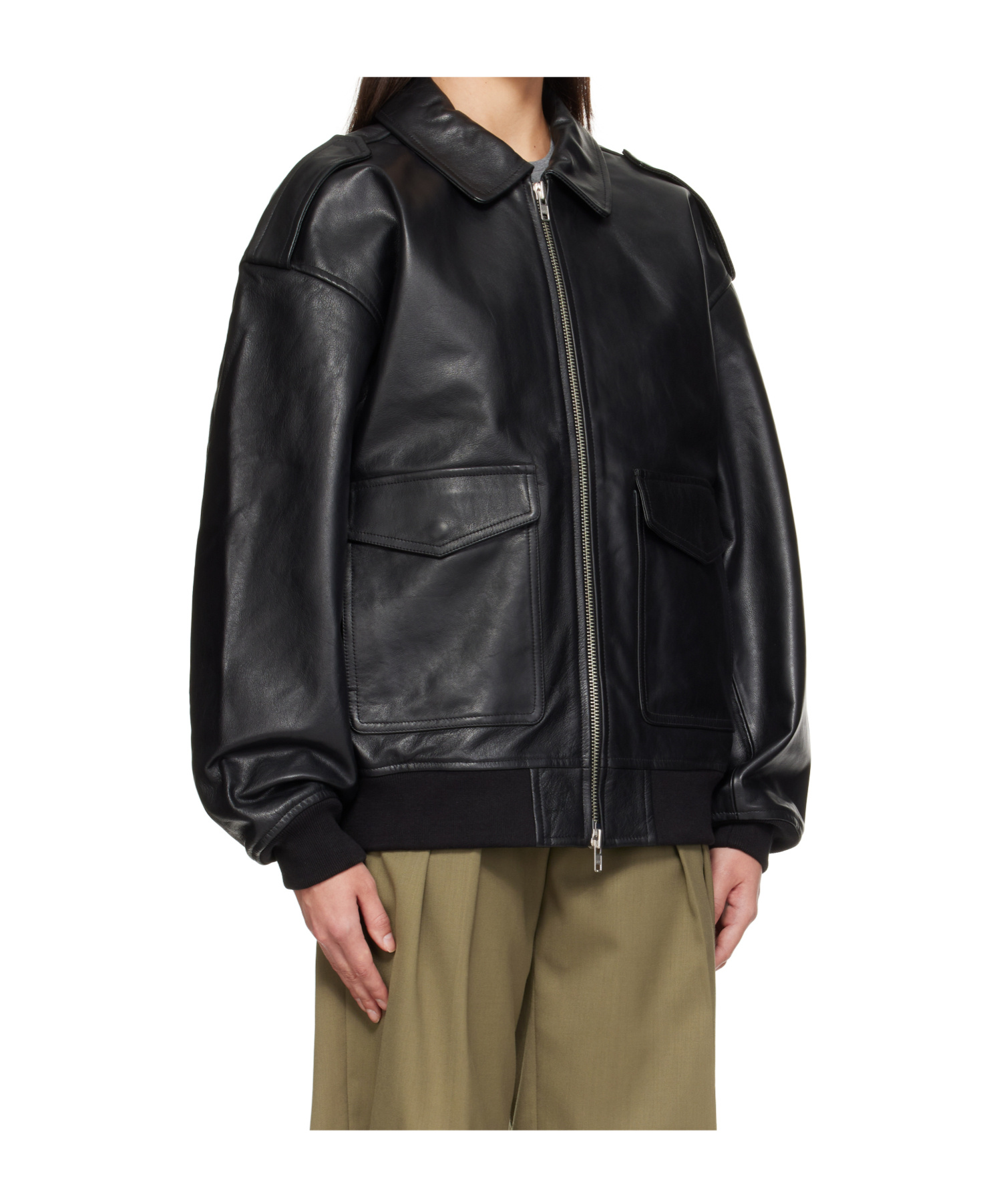 The Frankie Shop Classic-collar Pocketed Leather Jacket In Black