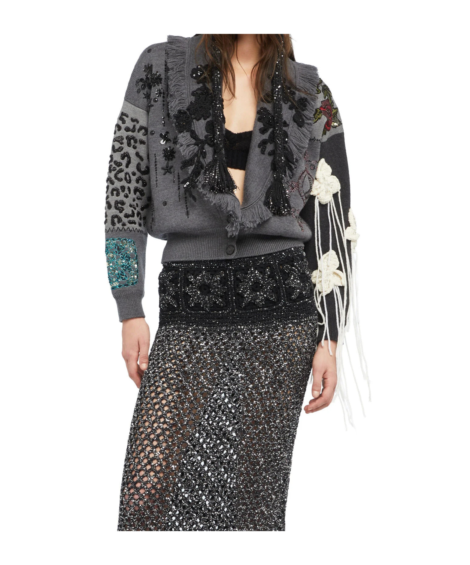 Alanui Midnight In Manhattan Embellished Fringed Cardigan In Gray