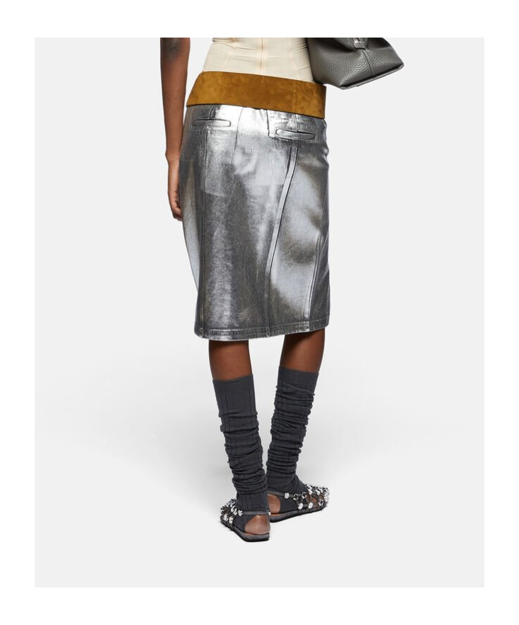 Shop Attico The Side Slit Coated Denim Midi Skirt In Gray