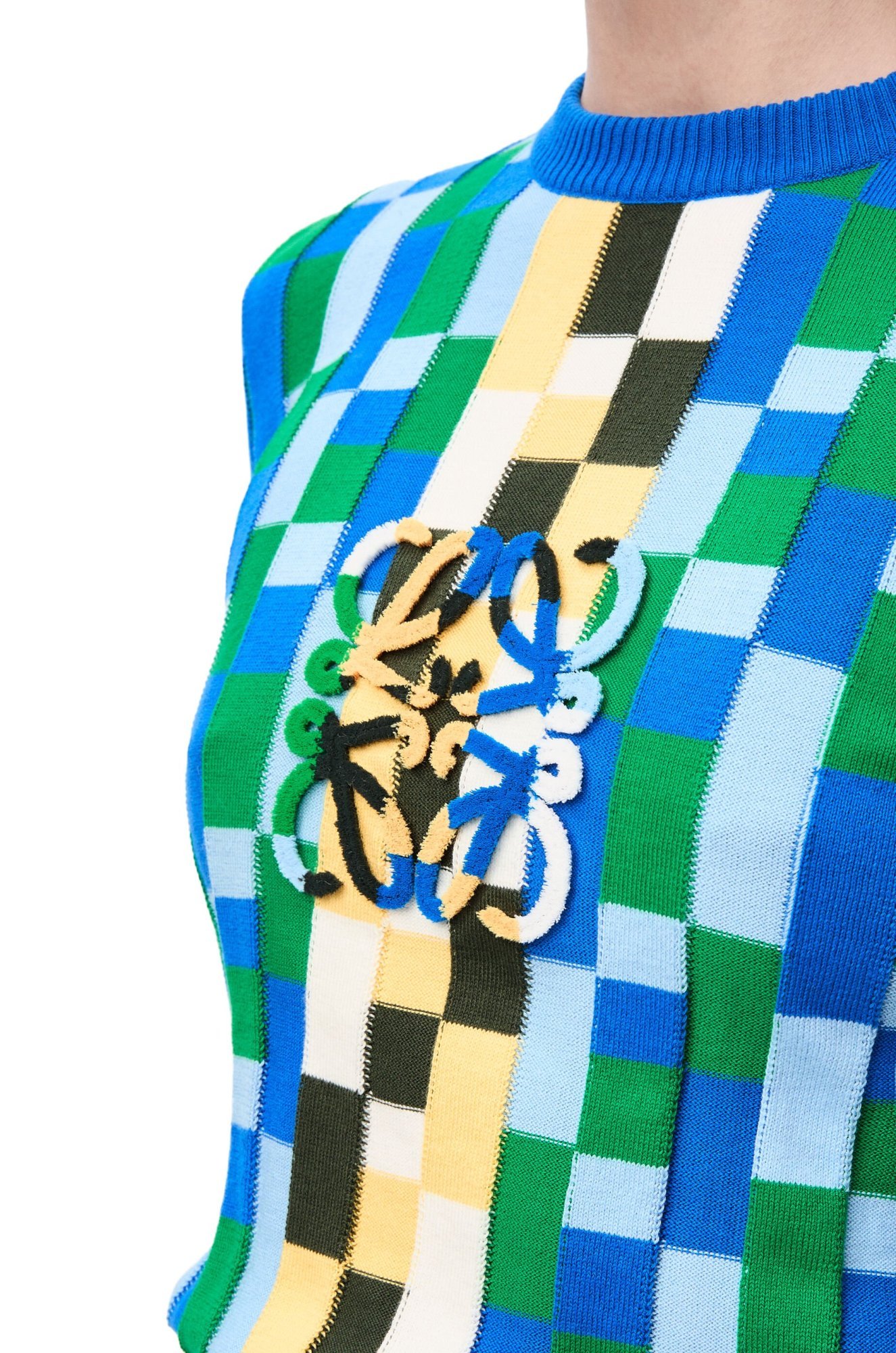Loewe Anagram Appliquéd Checked Intarsia Cotton Sweater In Blue