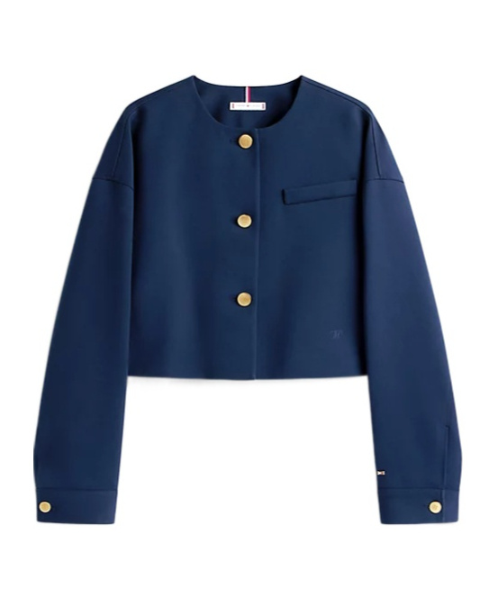 Tommy Hilfiger Gold-tone Button Collarless Cropped Blazer In Blue