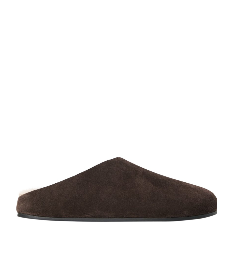 The Row Hudson Slide In Suede And Shearling In Brown