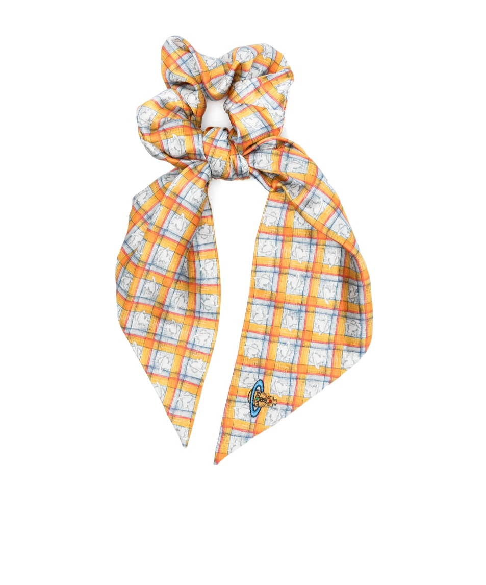 Vivienne Westwood Yellow Scrunchie With Check Motif With Orb All-over And Orb Patch On The Front In Amber Yellow