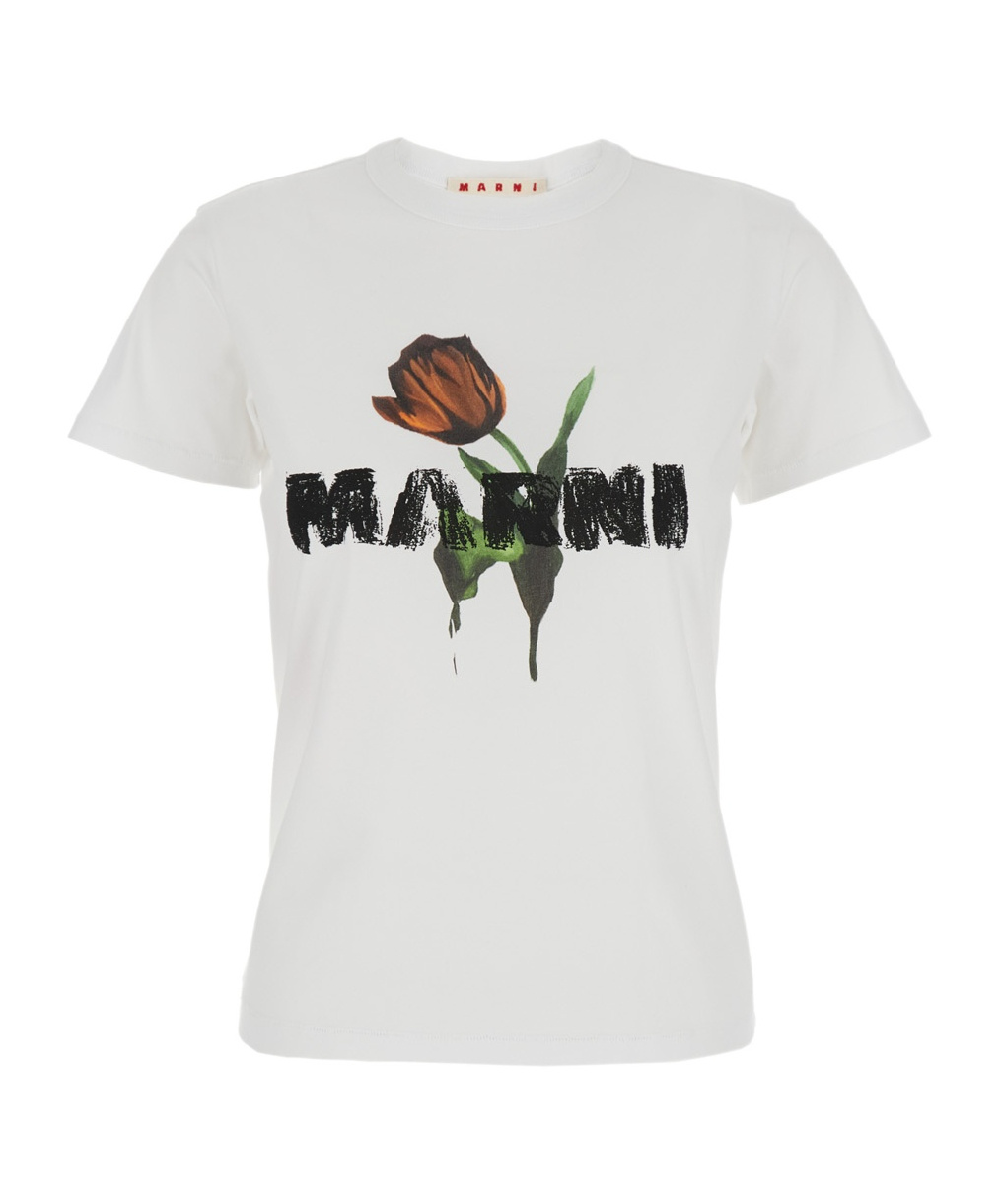 Marni White Crewneck T-shirt With Logo Lettering And Logo Print On The Front