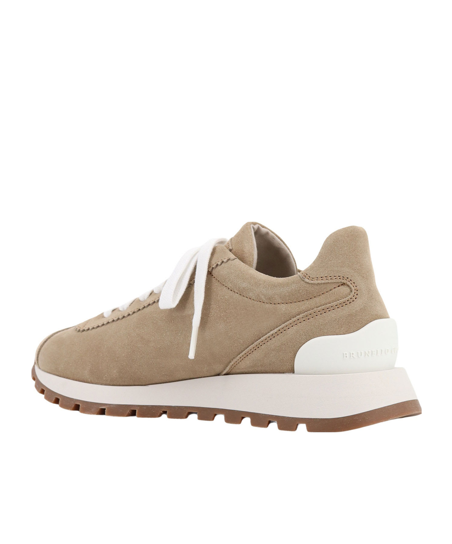 Brunello Cucinelli Beige Low Top Sneakers With Monil Detail On The Side And Embossed Logo Lettering On The Rear In Brown