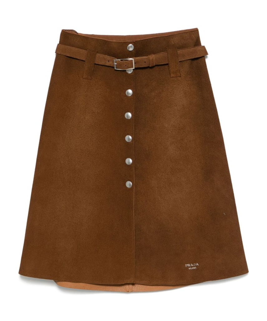 Prada Belted Midi Skirt In Brown