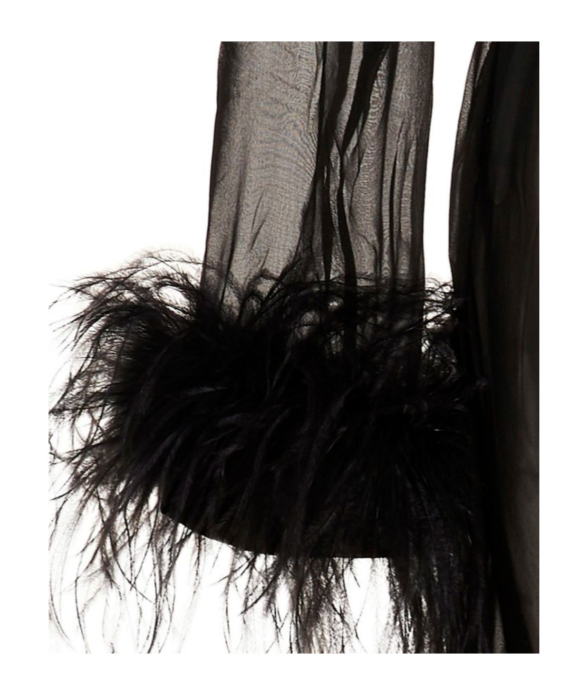 Oseree Plumage Feather-trimmed Chiffon Robe In Black