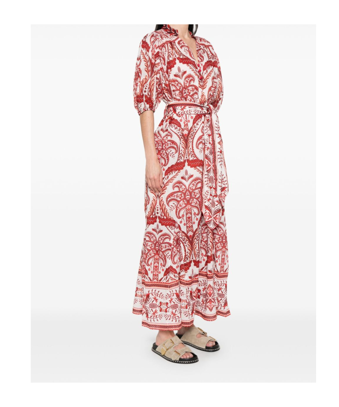 Farm Rio Tropical Cameo Belted Maxi Dress In Off White In Red