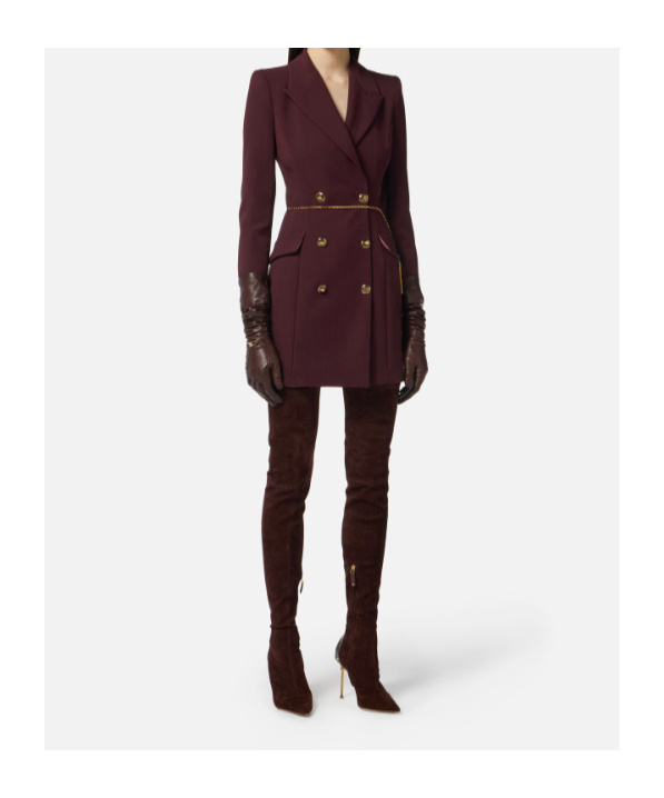 Elisabetta Franchi Midi Dress With Long Sleeves And Chain In Burgundy