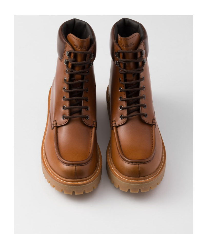 Prada Caramel Leather Ankle Boots In Cognac