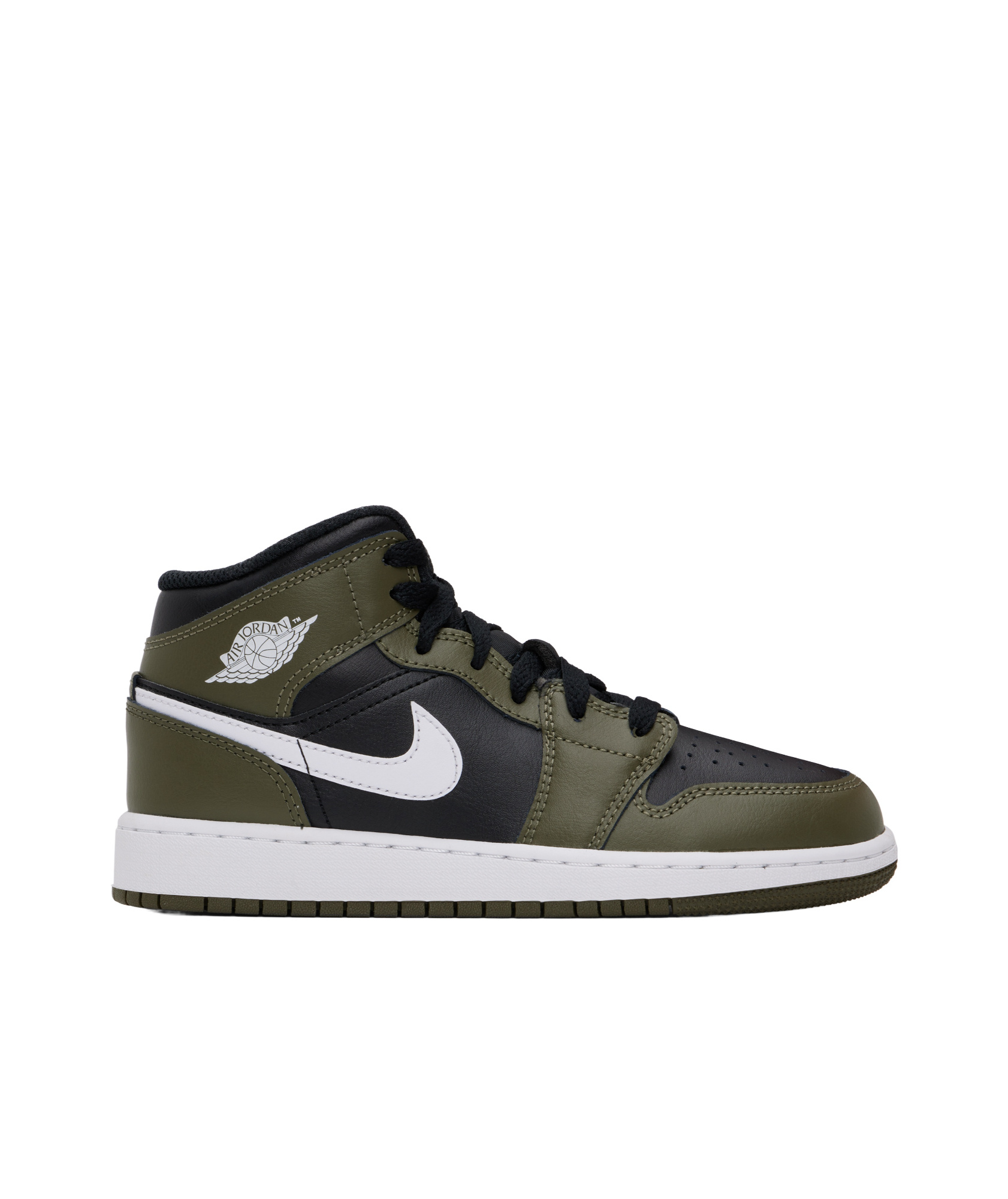 Nike Big Kids Khaki & Black Air Jordan 1 Mid Sneakers In Black/white/medium Olive