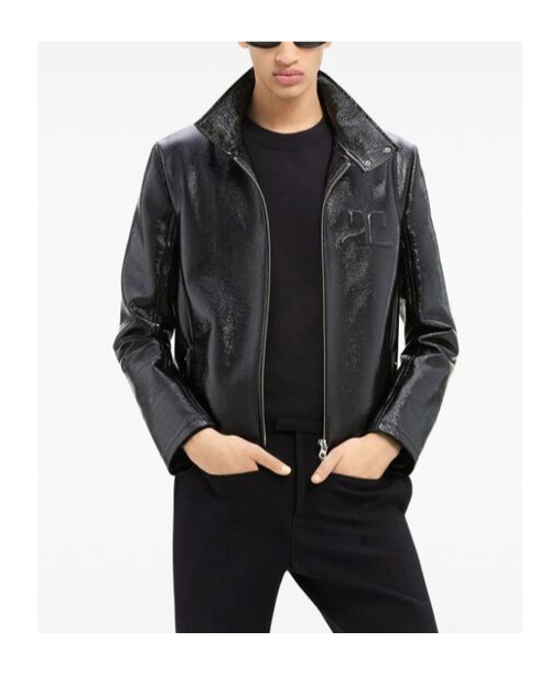 COURRÈGES LOGO-EMBOSSED PATENT BIKER JACKET 